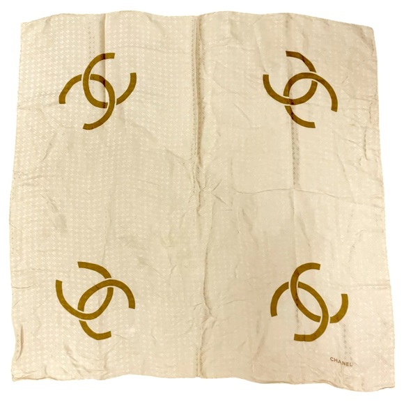 Authentic Chanel Coco Mark Beige Silk Scarf W/Box - Picture 1 of 11